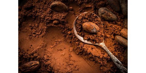 A wooden spoon filled with cocoa powder, surrounded by scattered cocoa powder, showcasing its rich and varied hues of brown. For Noshejan's blog post titled Cocoa Powder's Role In Global Cuisine.