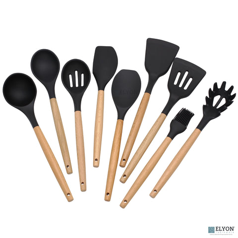 9 Piece Colored Silicone Kitchen Utensils Set - Wood Handles