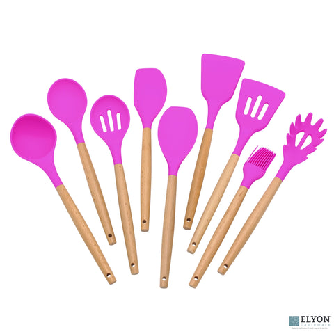 9 Piece Colored Silicone Kitchen Utensils Set - Wood Handles