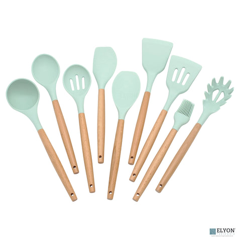 9 Piece Colored Silicone Kitchen Utensils Set - Wood Handles