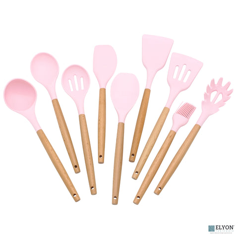 9 Piece Colored Silicone Kitchen Utensils Set - Wood Handles