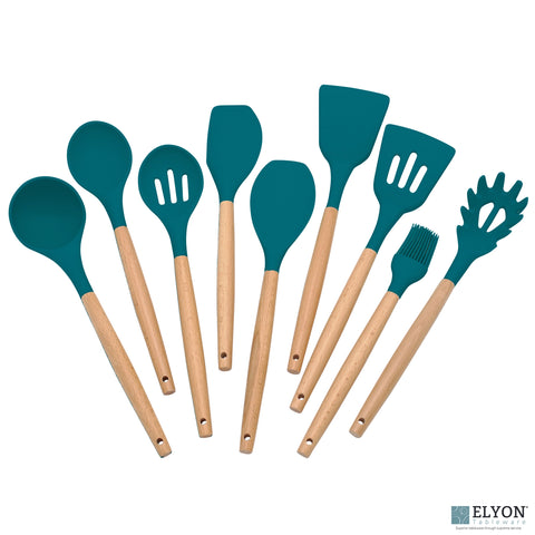 9 Piece Colored Silicone Kitchen Utensils Set - Wood Handles