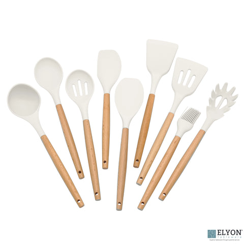 9 Piece Colored Silicone Kitchen Utensils Set - Wood Handles