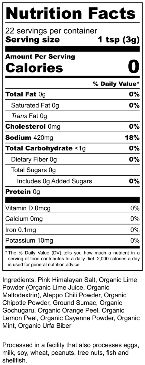 Noshejan Fuego Fandango seasoning blend nutritional label.