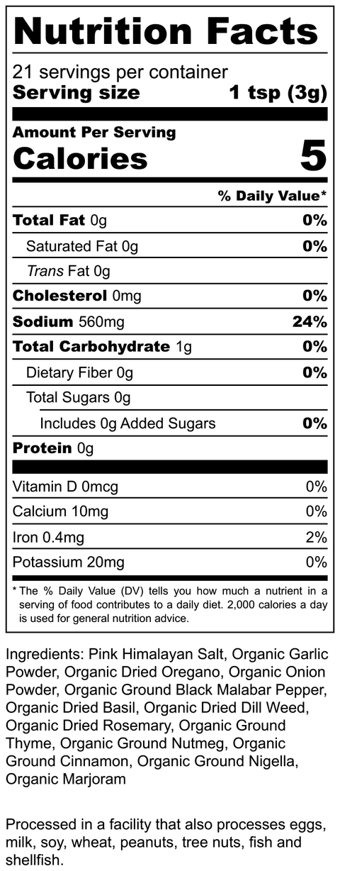 Noshejan Peak Greek Technique seasoning blend nutritional label.