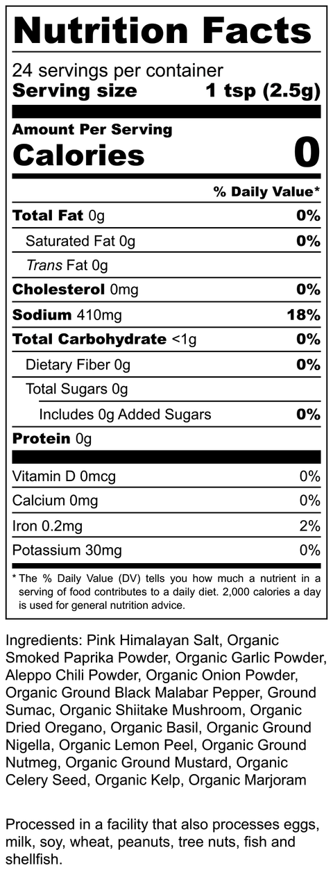 Noshejan Umami Unico seasoning blend nutritional label.